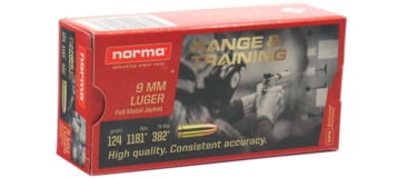 Norma Range Training FMJ 9mm Luger 124 grain Full Metal Jacket Brass Cased Centerfire Pistol Ammo, 50 Rounds