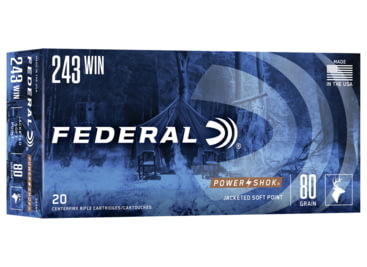 Federal Premium Power-Shok .243 Winchester 80 Grain Jacketed Soft Point Centerfire Rifle Ammo, 20 Rounds, 243AS